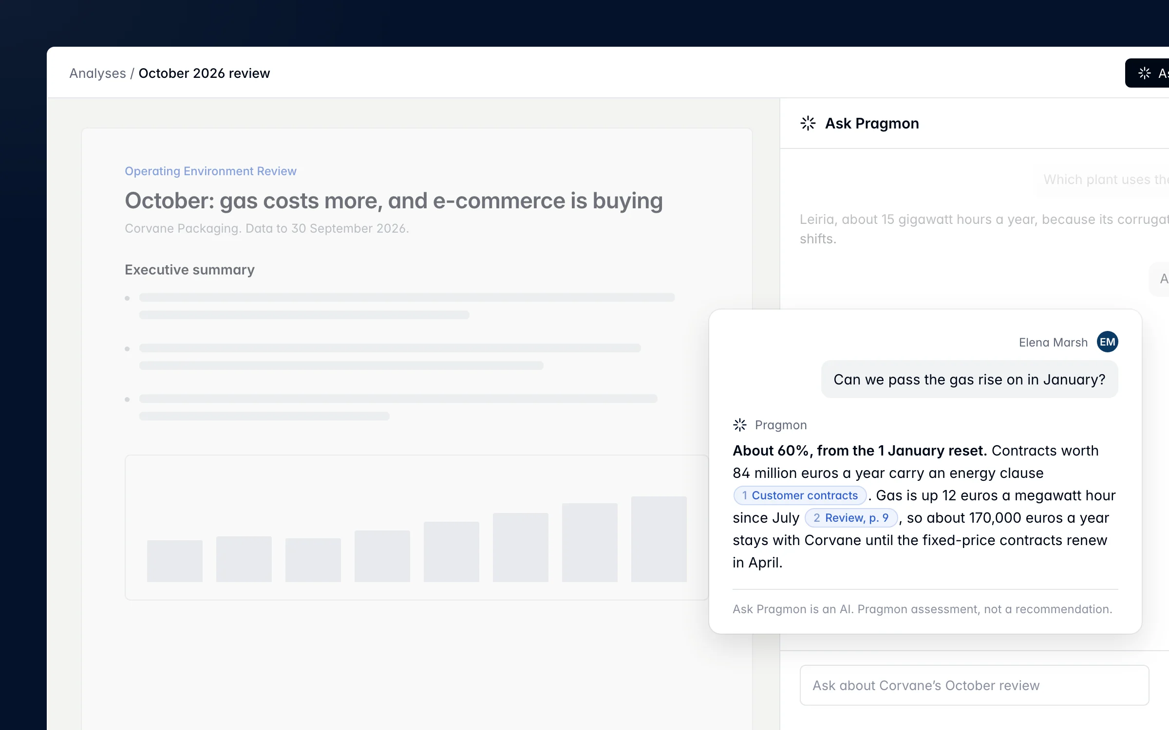 Ask Pragmon AI answering a question about Corvane Packaging, with its sources.