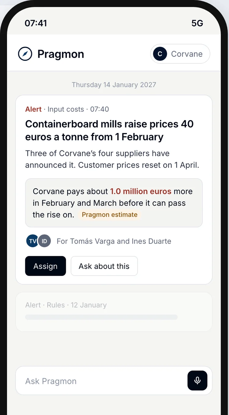 A preview of an alert for Corvane Packaging: containerboard mills raise prices 40 euros a tonne from 1 February.